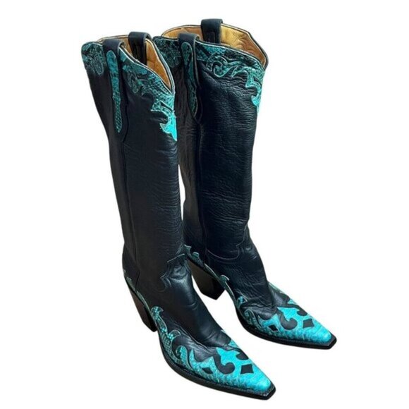 Old Gringo Shoes - Old Gringo Black Leather Snip Toe Snake Skin Outlay Cowboy Boot Women Size  7B